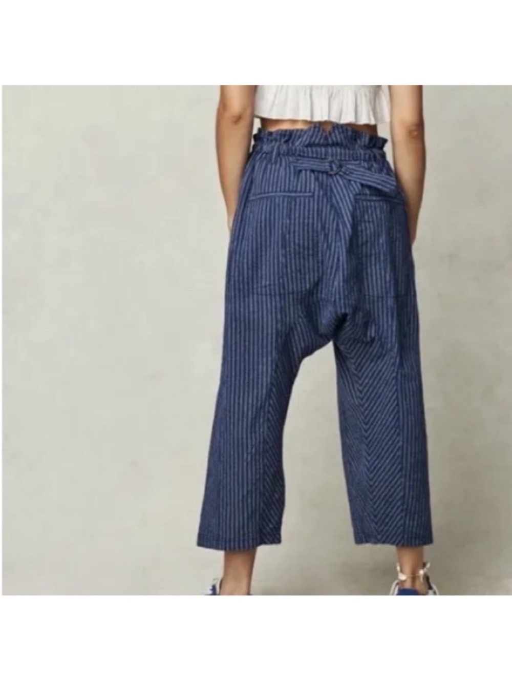 Free People Navy Pinstripe Drop-Crotch Wide Leg Pants - Picture 3 of 11